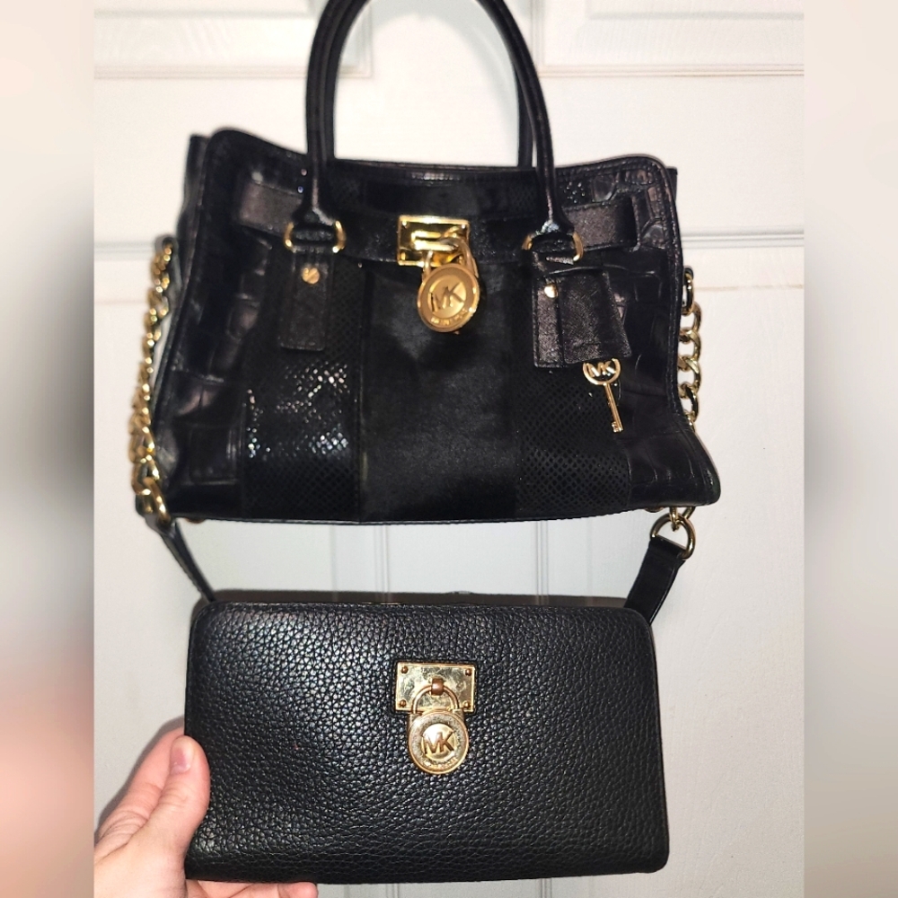 Michael Kors Mixed Media Black Haircalf Leather Hamilton Satchel Bag WITH Wallet